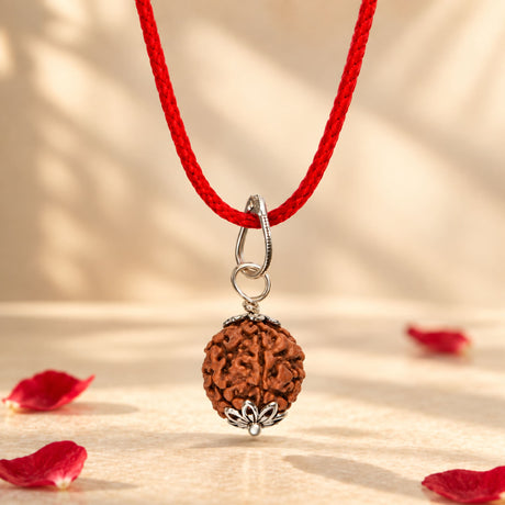 Certified rudraksha pendant kantha mala with brown 3-lobed bead silver lotus base and adjustable red braided cord for meditation