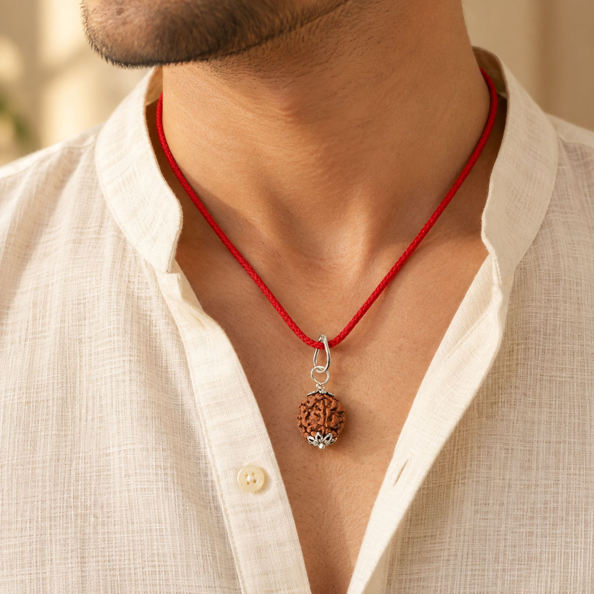 Certified Rudraksha pendant Kantha mala with brown sacred bead on red braided cord and ornate silver clasp for meditation