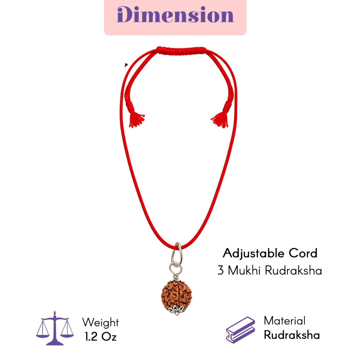 Red adjustable cord necklace featuring a 3 mukhi rudraksha bead with silver-toned metal accents for meditation