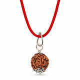 Certified rudraksha pendant kantha mala with 108 brown beads silver leaf charm on adjustable red braided cord for meditation