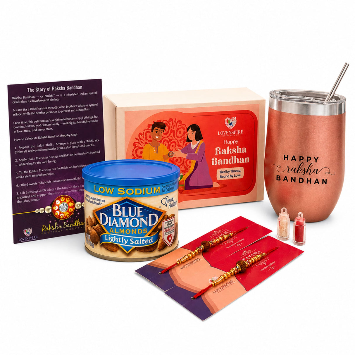 Traditional Rudraksha Rakhi Gift Hamper for Brother & Bhabhi – Adjustable Rakhi Bracelet with Tumbler, Chocolates, Roli Chawal & Card for Raksha Bandhan