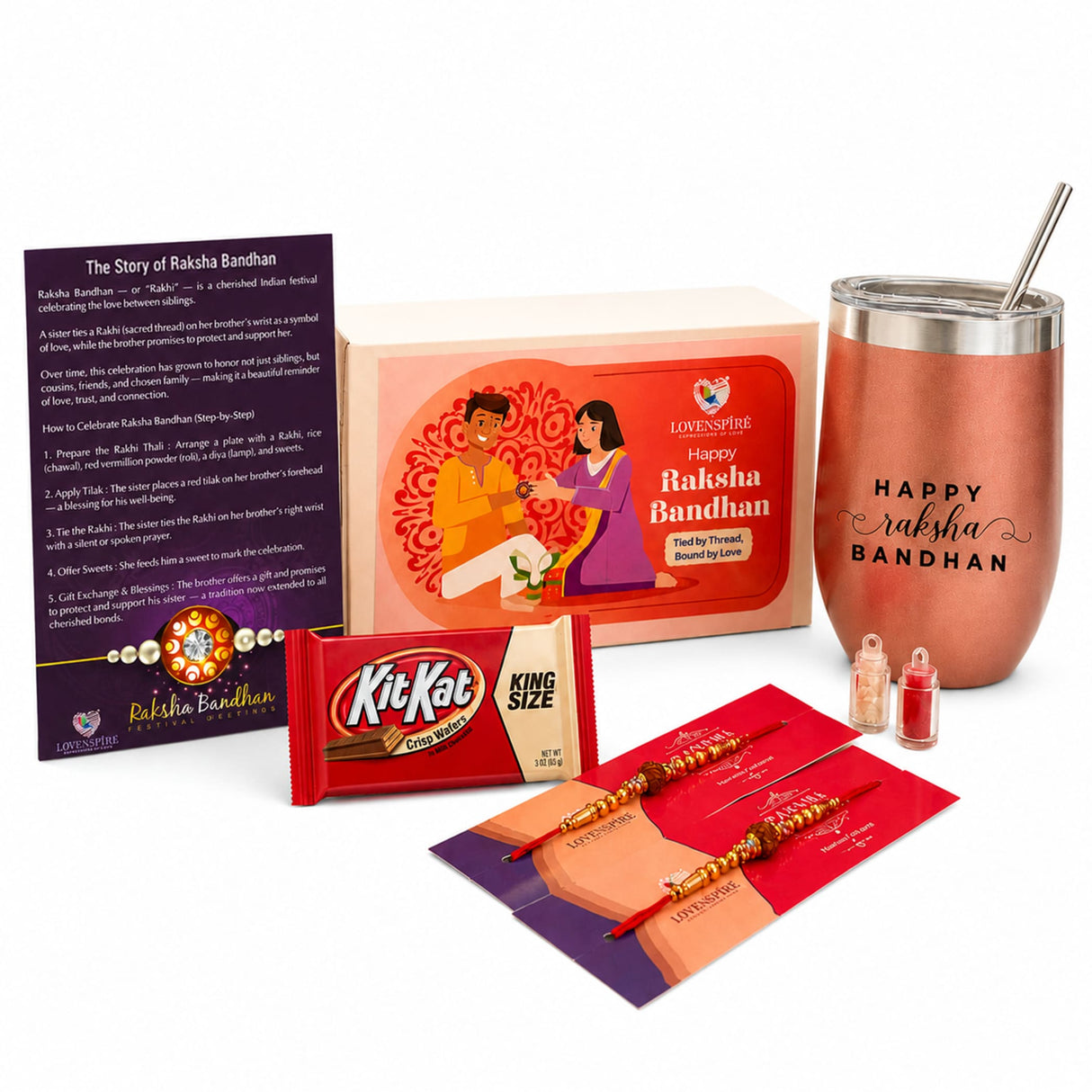 Traditional Rudraksha Rakhi Gift Hamper for Brother & Bhabhi – Adjustable Rakhi Bracelet with Tumbler, Chocolates, Roli Chawal & Card for Raksha Bandhan
