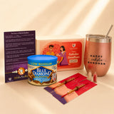 Traditional Rudraksha Rakhi Gift Hamper for Brother & Bhabhi – Adjustable Rakhi Bracelet with Tumbler, Chocolates, Roli Chawal & Card for Raksha Bandhan