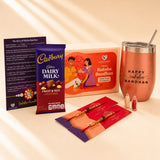 Traditional Rudraksha Rakhi Gift Hamper for Brother & Bhabhi – Adjustable Rakhi Bracelet with Tumbler, Chocolates, Roli Chawal & Card for Raksha Bandhan