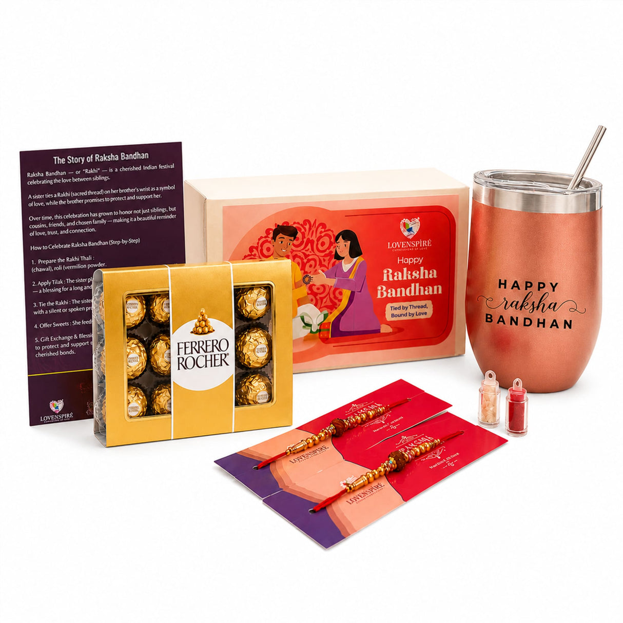 Traditional Rudraksha Rakhi Gift Hamper for Brother & Bhabhi – Adjustable Rakhi Bracelet with Tumbler, Chocolates, Roli Chawal & Card for Raksha Bandhan