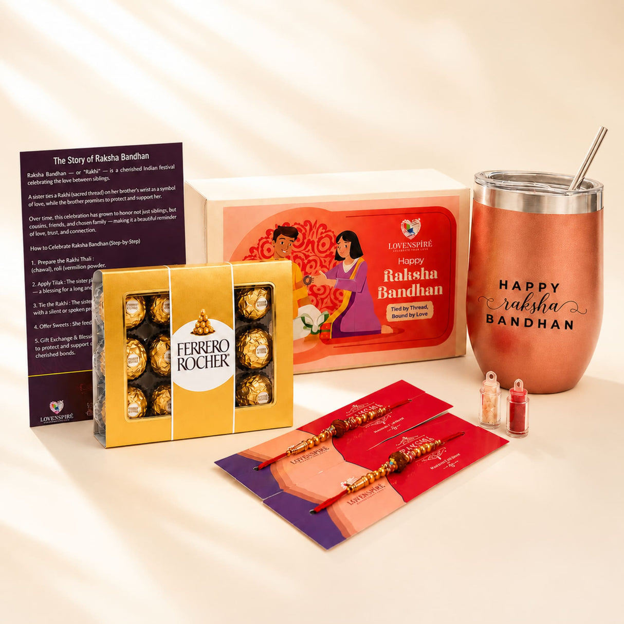 Traditional Rudraksha Rakhi Gift Hamper for Brother & Bhabhi – Adjustable Rakhi Bracelet with Tumbler, Chocolates, Roli Chawal & Card for Raksha Bandhan