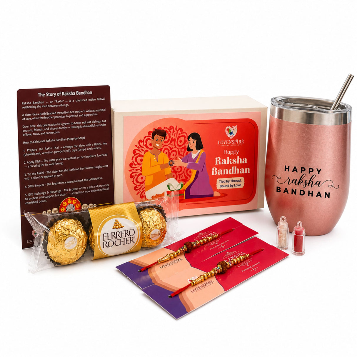 Traditional Rudraksha Rakhi Gift Hamper for Brother & Bhabhi – Adjustable Rakhi Bracelet with Tumbler, Chocolates, Roli Chawal & Card for Raksha Bandhan