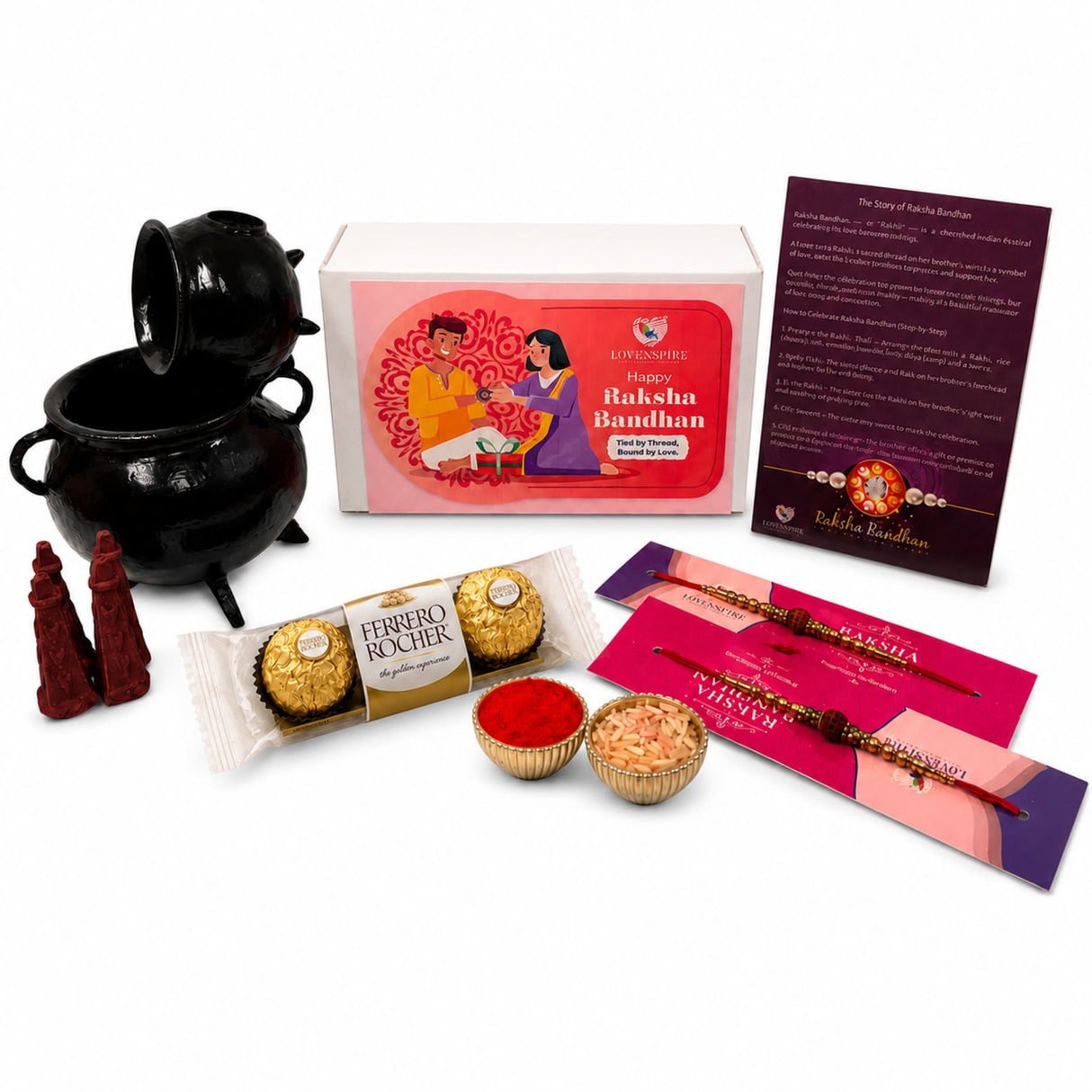 Raksha Bandhan Gift Hamper for Brother & Bhabhi – Includes 2 Rudraksha Rakhi Bracelets, Dhoop Burner, Dhoop Sticks, Chocolates, Roli Chawal & Gift Box