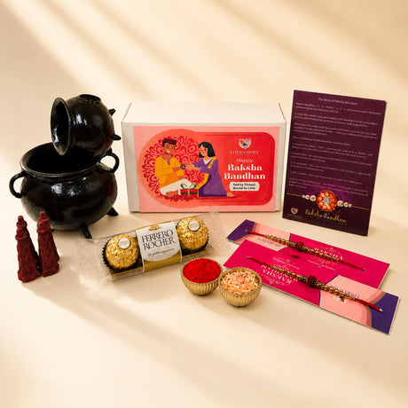 Raksha Bandhan Gift Hamper for Brother & Bhabhi – Includes 2 Rudraksha Rakhi Bracelets, Dhoop Burner, Dhoop Sticks, Chocolates, Roli Chawal & Gift Box