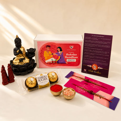 Raksha Bandhan Gift Hamper for Brother & Bhabhi – Includes 2 Rudraksha Rakhi Bracelets, Buddha Dhoop Burner, Dhoop Sticks, Chocolates, Roli Chawal & Gift Box
