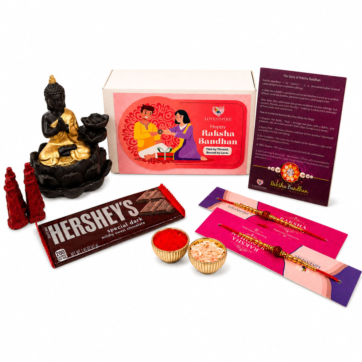 Raksha Bandhan Gift Hamper for Brother & Bhabhi – Includes 2 Rudraksha Rakhi Bracelets, Buddha Dhoop Burner, Dhoop Sticks, Chocolates, Roli Chawal & Gift Box