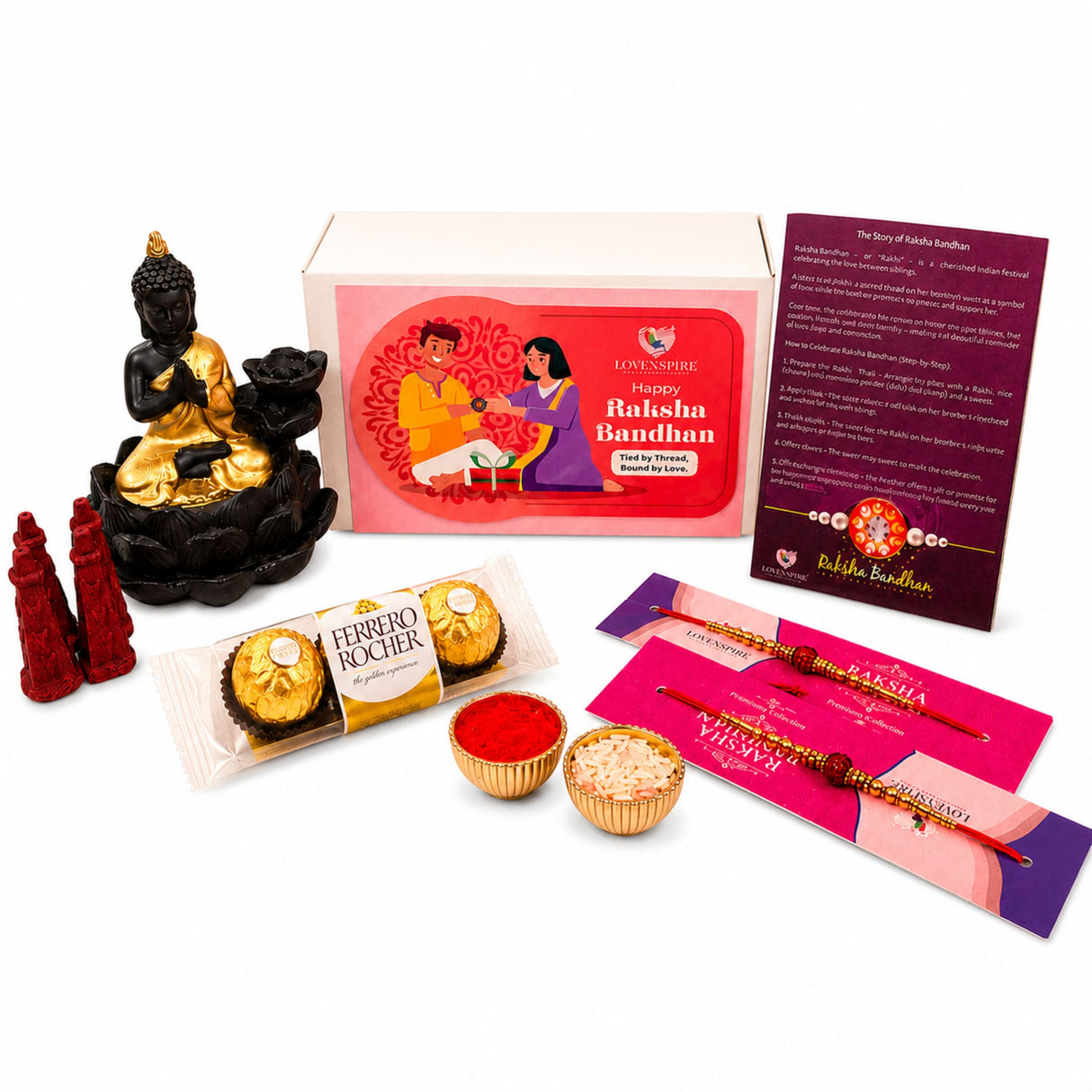 Raksha Bandhan Gift Hamper for Brother & Bhabhi – Includes 2 Rudraksha Rakhi Bracelets, Buddha Dhoop Burner, Dhoop Sticks, Chocolates, Roli Chawal & Gift Box