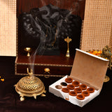 Golden perforated incense burner with bird finial on turtle base for Saffron Sandalwood Dhoop Cups