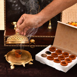 Golden brass incense burner with ornate feet and lid for Saffron Sandalwood Dhoop Cups