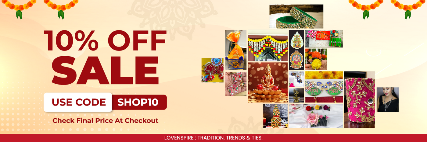 Sale advertisement banner promoting 10% off with a collage of product images.