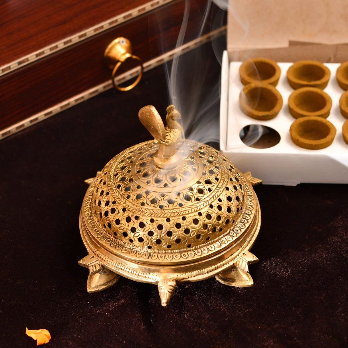 Golden brass turtle incense burner with perforated design for Sandalwood Dhoop Cups