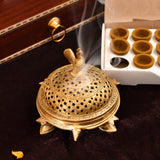 Golden brass turtle incense burner with perforated design for Sandalwood Dhoop Cups