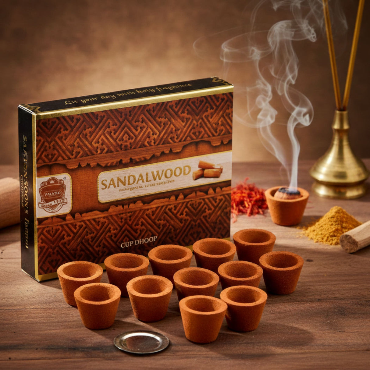 Amano sandalwood dhoop cups with burner plate, 12 pc box, smoke rising