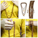 Sandalwood mala necklace featuring brown wooden beads of varying sizes with a tassel accent for meditation use