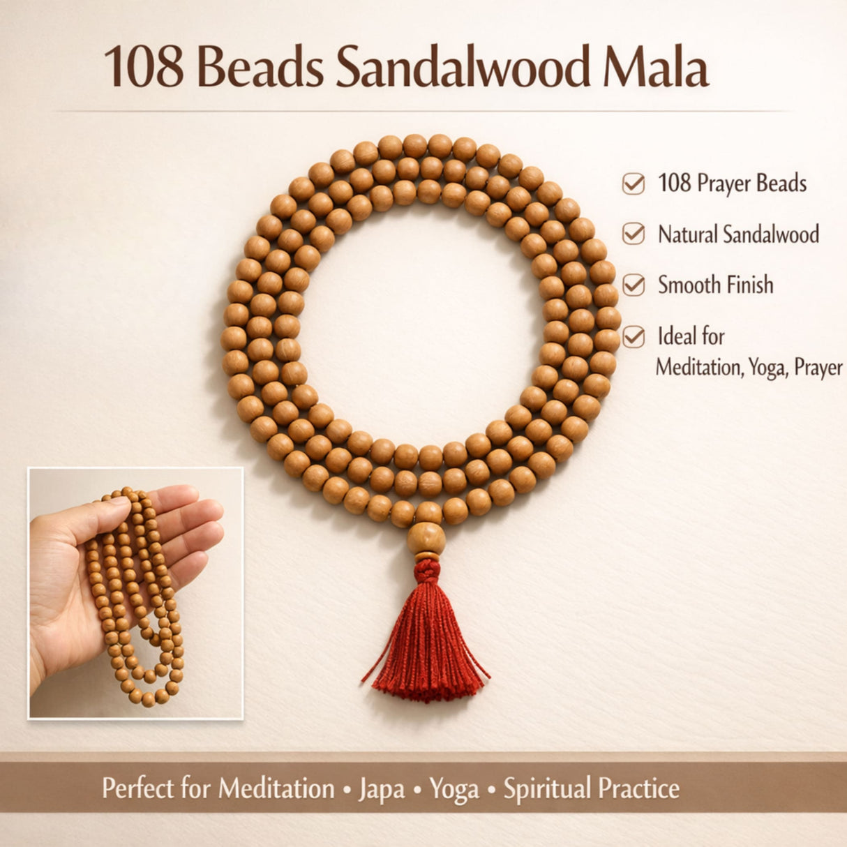 A 108-bead sandalwood mala with a smooth natural finish and vibrant red tassel used for meditation and prayer
