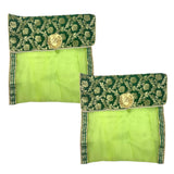 Green embroidered fabric saree covers with gold floral detailing and pearl trim for wardrobe and travel storage