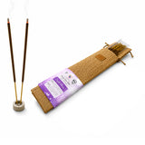 Purple bloom 20 ct premium scented incense sticks in woven jute pouch with wooden box and lit ceramic holder for pooja