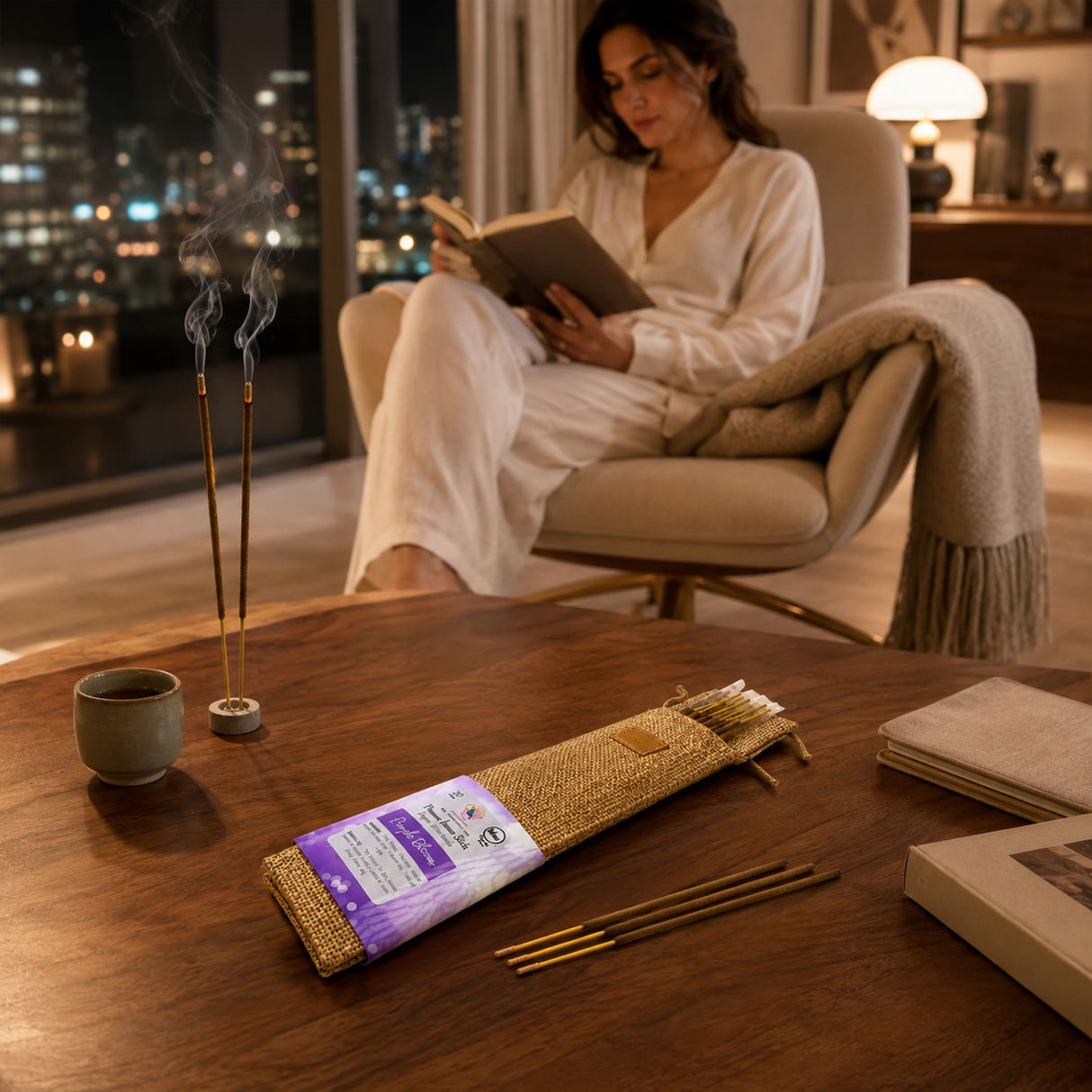 A purple and gold wrapped 20 ct premium scented incense stick kit in a woven fabric sleeve for pooja use