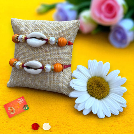Rakhi For Brother Set Of 2 Shell Rakhi Bhaiya Bhabhi Bracelet on Festival of Raksha Bandhan - Roli Chawal Greeting Card Rakhshabandhan Gifts - LoveNspire