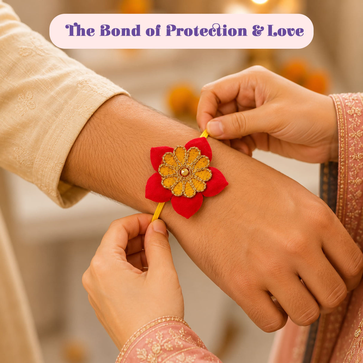 A vibrant red and gold floral seed rakhi with intricate embroidery worn on the wrist from flower shaped seed rakhi gift hamper for brother