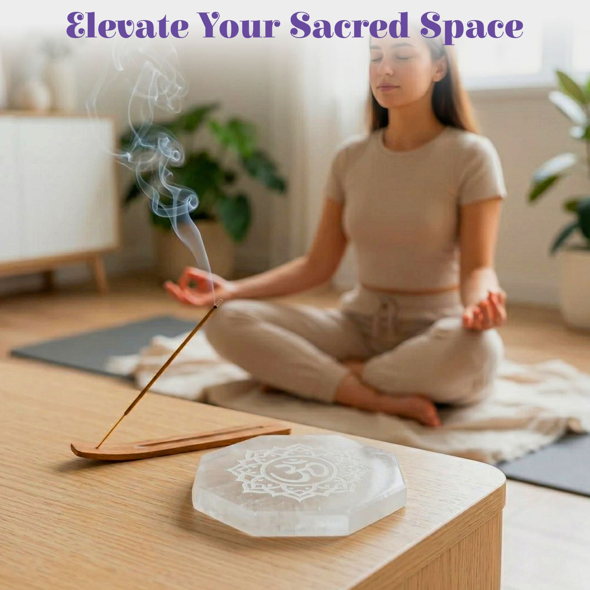 A translucent white selenite incense holder with engraved lotus design for crystal charging and home decor