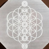 A translucent hexagonal selenite charging plate with white etched flower of life and seven chakra symbols for crystals