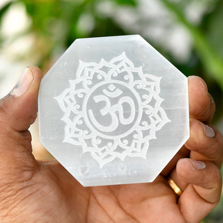 Octagonal Selenite Plate with Om Symbol, perfect for crystal charging and healing decor