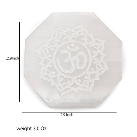 Octagonal Selenite Plate with Om symbol for crystal charging and spiritual decor