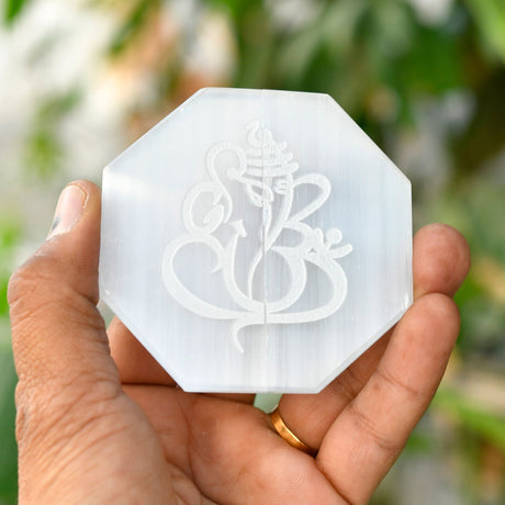 Octagonal Selenite crystal with Ganesha engraving for healing and spiritual decor
