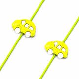 Bright yellow car-shaped charms on lime green cord in cute cartoon car rakhi bracelet for brother set of two
