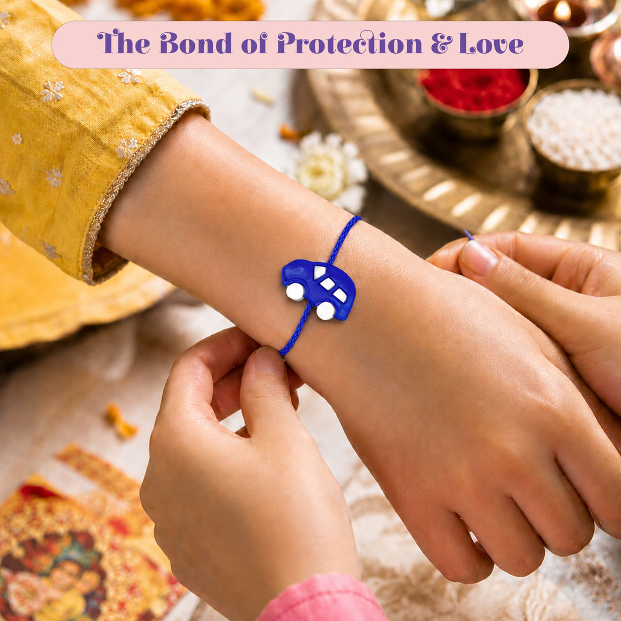 Blue car-shaped charm on a blue string rakhi bracelet for brother traditional indian raksha bandhan gift for protection