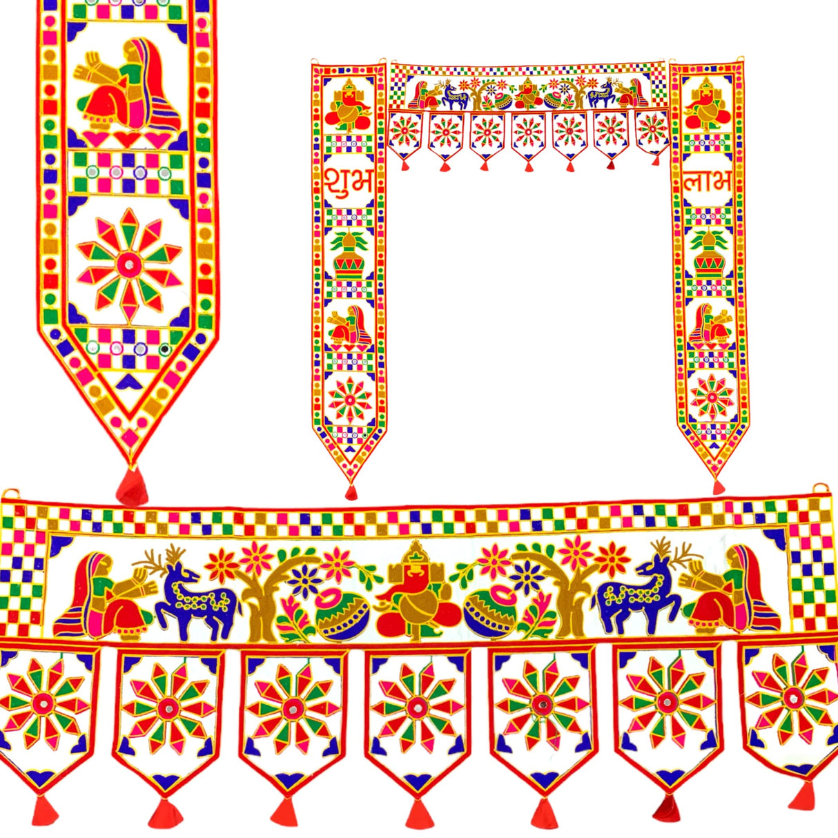 3 Pcs Indian Fabric Door Toran 39 Inch Ganesha Shubh Labh Bhandarwal Hanging Valance Traditional Wall Decorative for Window Home Temple Decor Wedding Diwali Navratri Puja Housewarming Decor - LoveNspire
