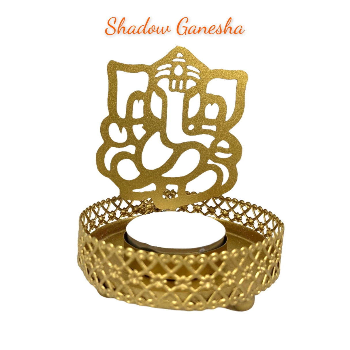 Gold-colored metal Ganesha silhouette tea light holder for Diwali and housewarming gifts