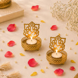Golden metal ganesha tea light candle holders with intricate lattice designs and small feet for diwali decor
