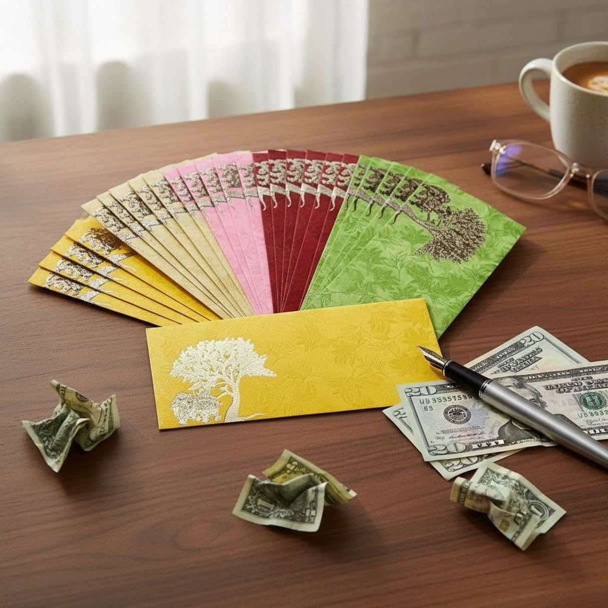 Colorful tree-patterned Shagun Maharaja envelopes in yellow, pink, red, green