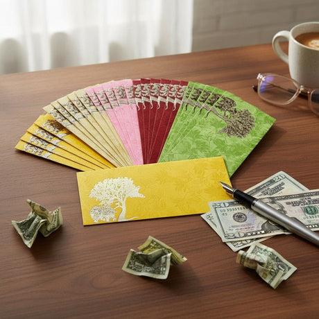 Colorful tree-patterned Shagun Maharaja envelopes in yellow, pink, red, green