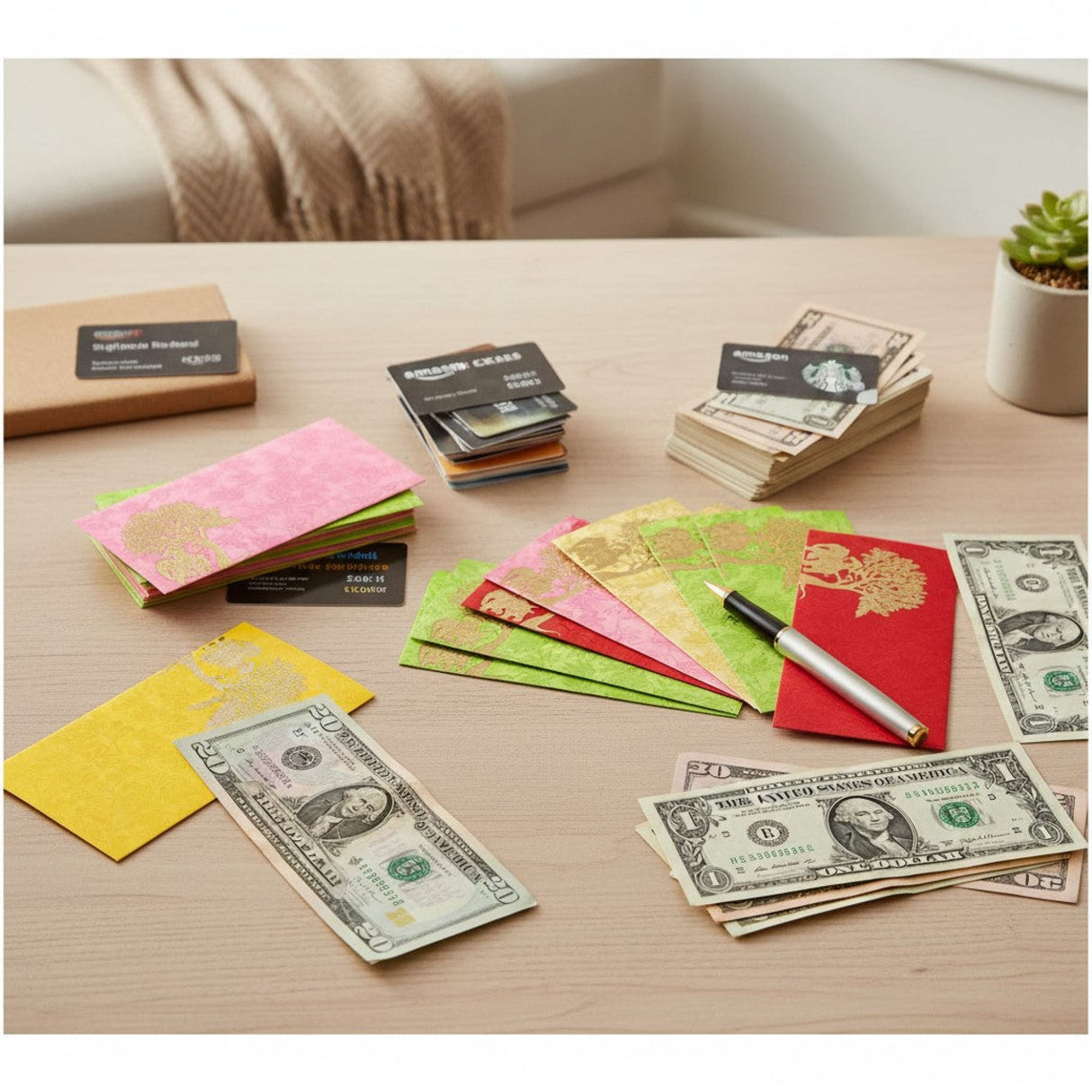 Colorful Shagun Maharaja envelopes with elephant designs in pink, green, red