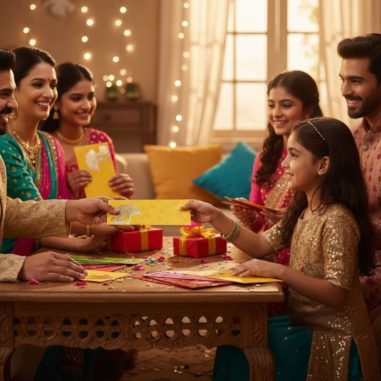 Gold sequined kurta with teal pants and Shagun Maharaja envelopes