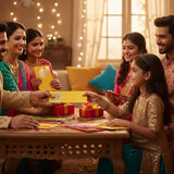 Gold sequined kurta with teal pants and Shagun Maharaja envelopes