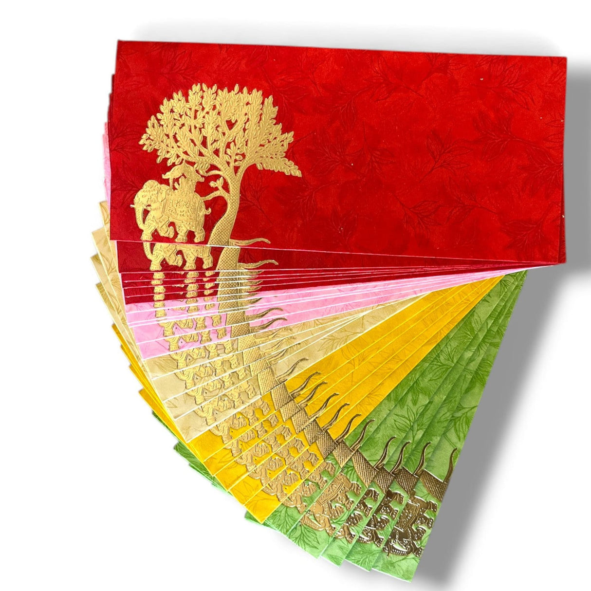 Vibrant Shagun Maharaja gift envelopes in red, pink, yellow, green with gold elephant and tree designs