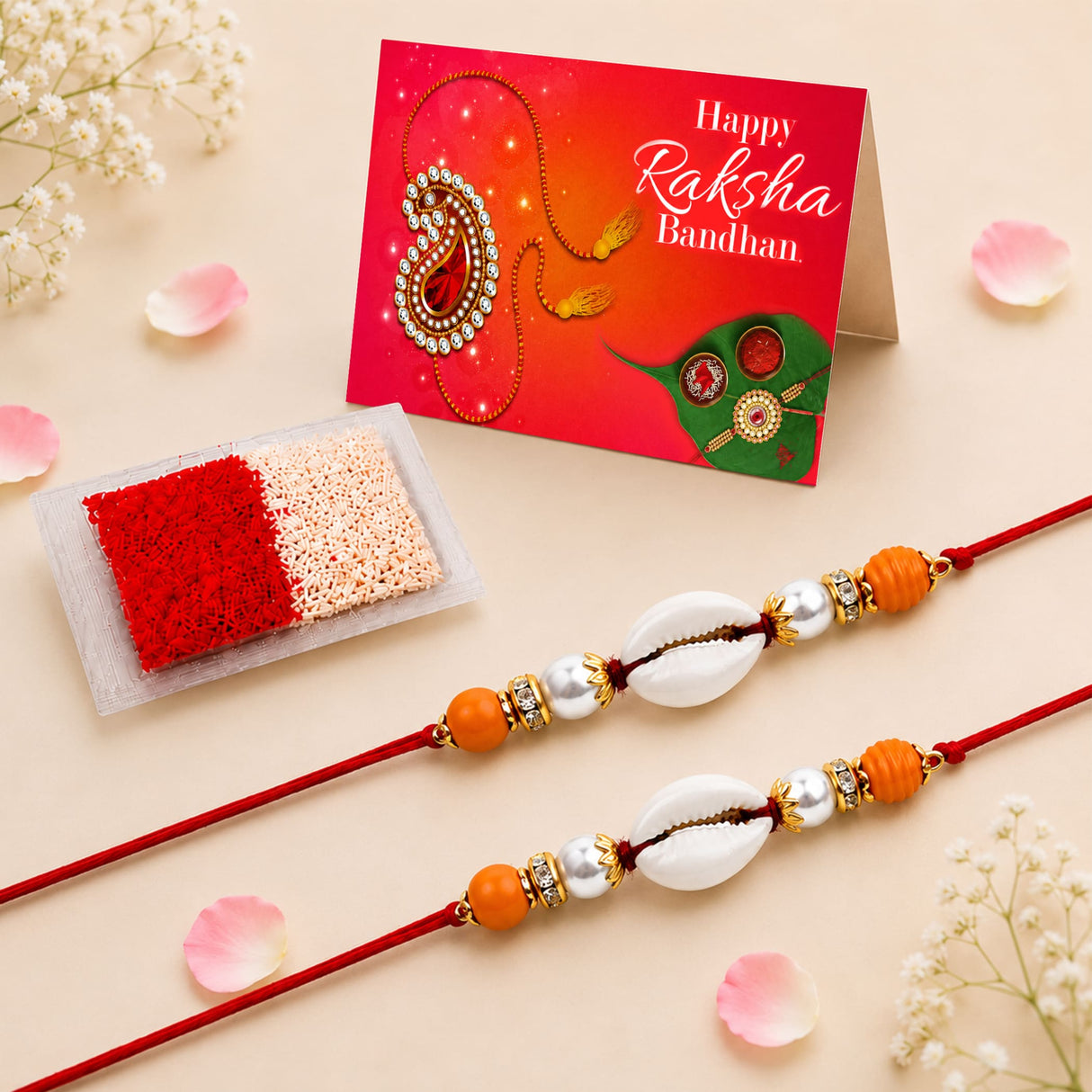Shell rakhi for brother featuring red and white beads orange accents gold spacers and a central white shell bracelet set