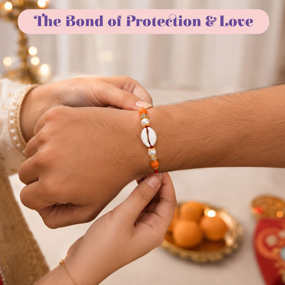 Shell rakhi for brother featuring traditional orange and white bracelet with cowrie shell pearl beads and gold accents