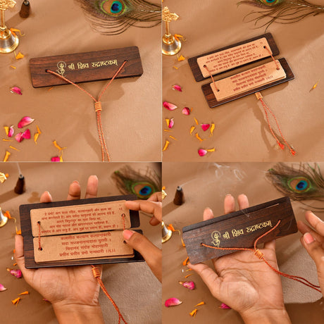 Wooden rakhi with engraved message on Shiv Rudrashtakam book cover, brown tassel
