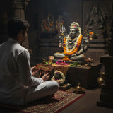 Black Shiva statue with garlands, for Shiv Rudrashtakam pocket book