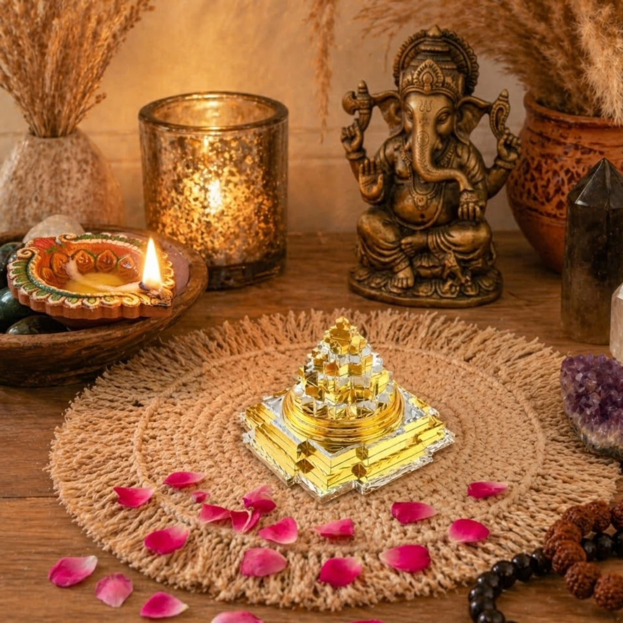 Golden and clear crystal shree yantra sri chakra meru laxmi yantra meditation altar piece for home and office decor